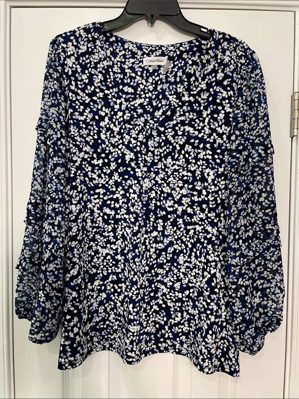 Calvin Klein Navy Floral Print Long-Sleeve Blouse